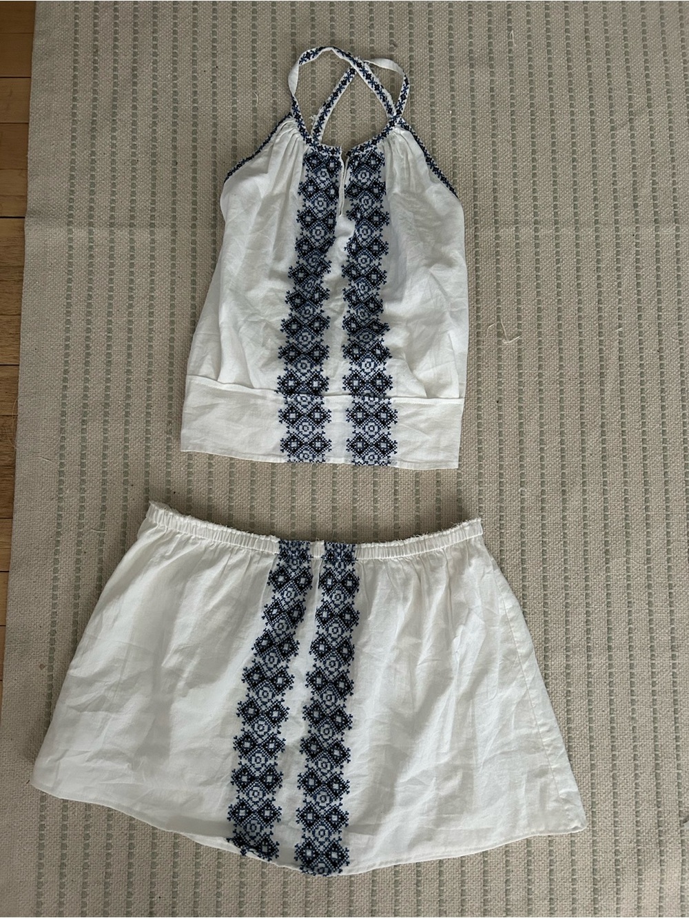 White Two-Piece Embroidered Tank & Skirt Set - blue trim